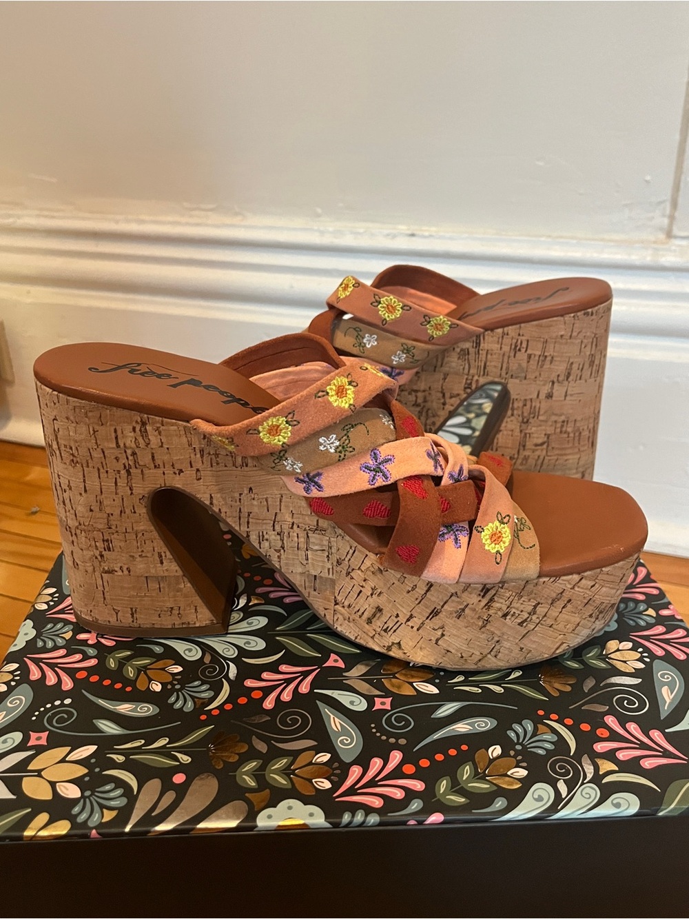 Free People Cork Platform Sandals with Embroidered Floral Straps - Brown Multi